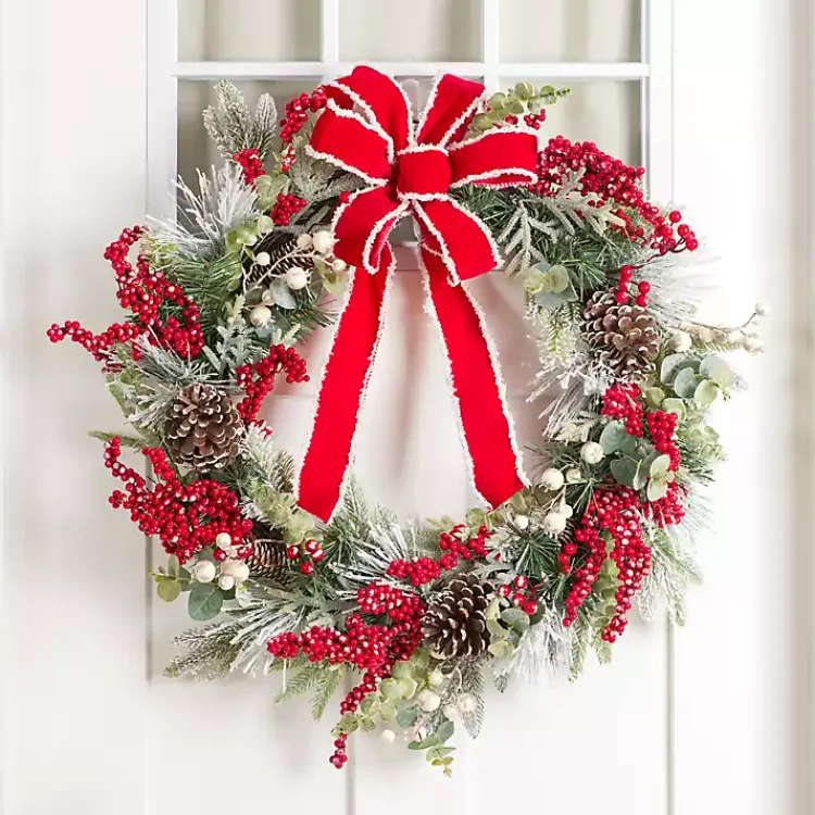 Wreaths>Kirklands Home Flocked Berries Wreath with Red Bow
