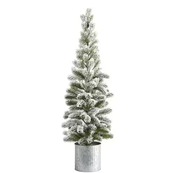Christmas Arrangements & Garland>Kirklands Home Flocked Pine Tree in Tin Can Planter