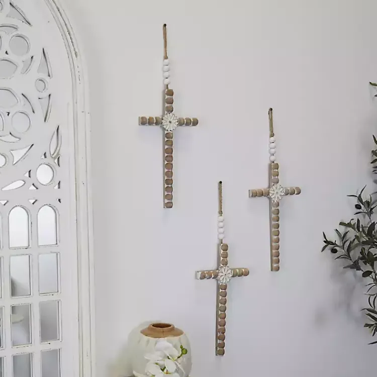 Kirklands Home Floral Beaded Wood Cross Wall Plaques, Set of 3 Hot