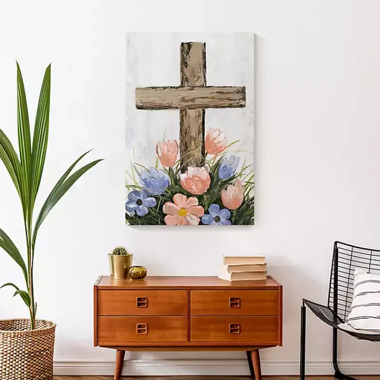 Easter Decorations>Kirklands Home Floral Easter Cross Canvas Art Print Multi