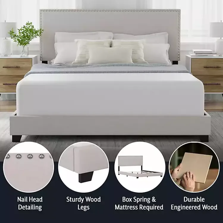 Kirklands Home Fog Upholstered Nailhead Trim Queen Bed Gray Discount