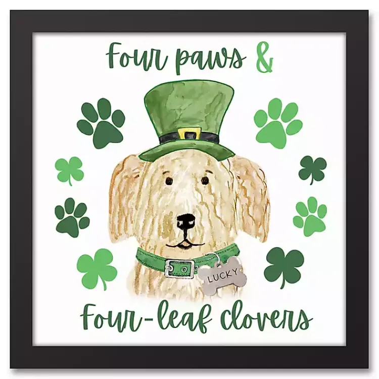 St Patricks Day Decorations>Kirklands Home Four Paws and Clovers Framed Canvas Art Print
