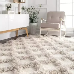 Kirklands Home Francis Diamond Shaggy Area Rug, 4x6 White Discount