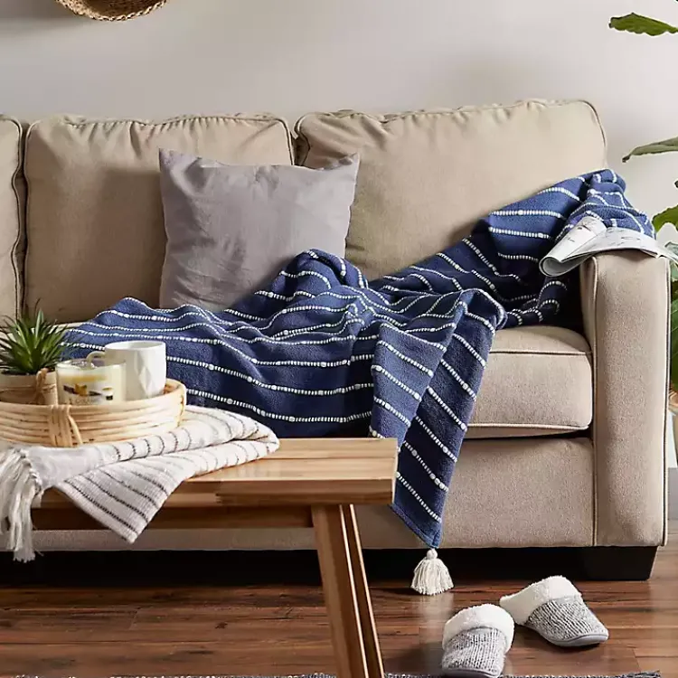 Blankets & Throws>Kirklands Home French Slub Stripe Decorative Throw Blue