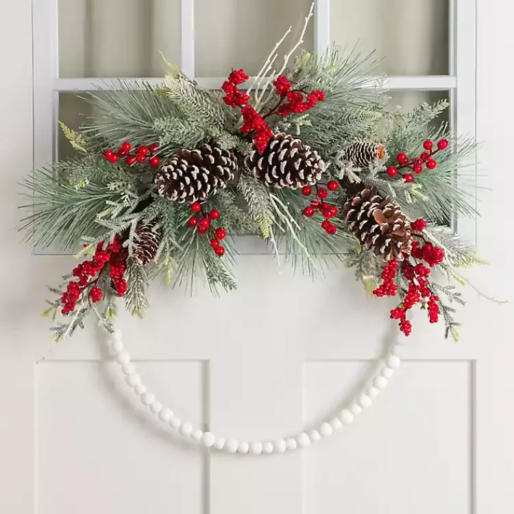 Wreaths>Kirklands Home Frosted Berry and Pinecone Beaded Wood Wreath