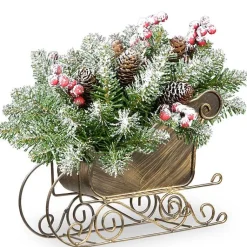 Christmas Arrangements & Garland>Kirklands Home Frosted Fir Christmas Arrangement in Gold Sleigh
