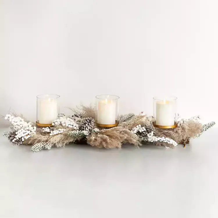 Christmas Centerpieces>Kirklands Home Frosted Pampas and Berries Candle Centerpiece