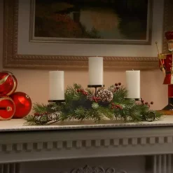 Christmas Centerpieces>Kirklands Home Frosted Pinecone and Berry Candle Centerpiece Green