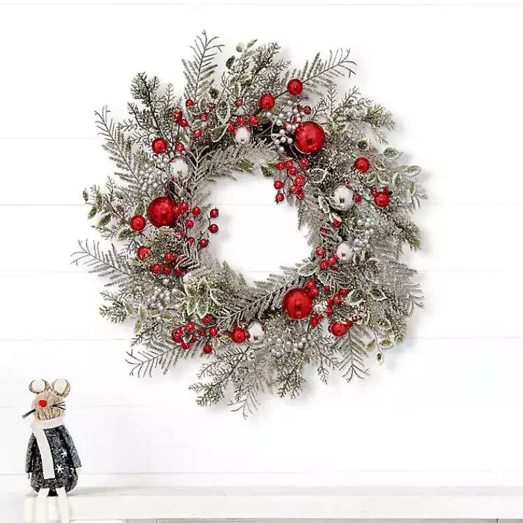 Christmas Wreaths>Kirklands Home Frosted Silver Berries and Ornaments Wreath