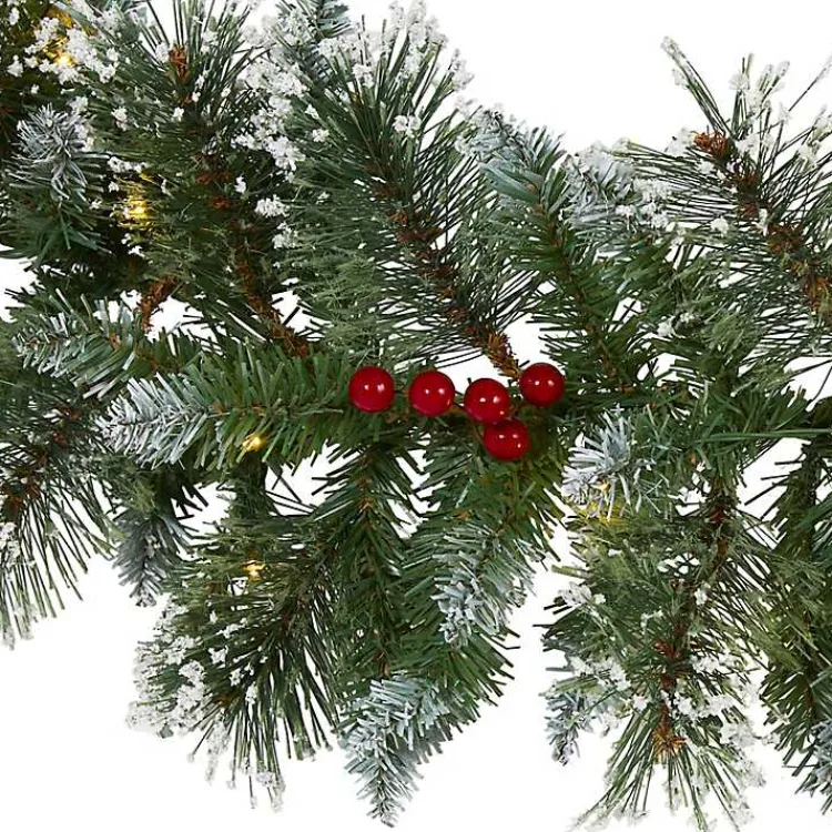Christmas Arrangements & Garland>Kirklands Home Frosted Swiss Pine and Berry Clear LED Garland Green