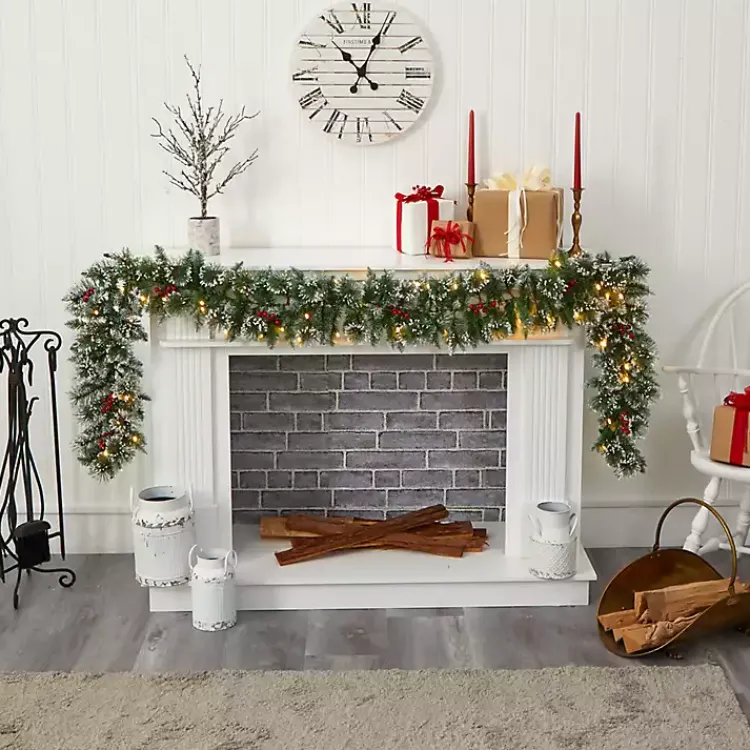 Christmas Arrangements & Garland>Kirklands Home Frosted Swiss Pine and Berry Clear LED Garland Green