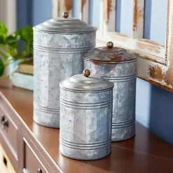 Decorative Bowls & Jars>Kirklands Home Galvanized Metal Lid 3-pc. Decorative Jar Set Silver