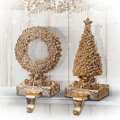 Christmas Stockings & Stocking Holders>Kirklands Home Gilded Tree and Wreath Stocking Holders, Set of 2 Gold