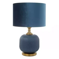 Kirklands Home Glass Base Round Velvet Shade Table Lamp Blue