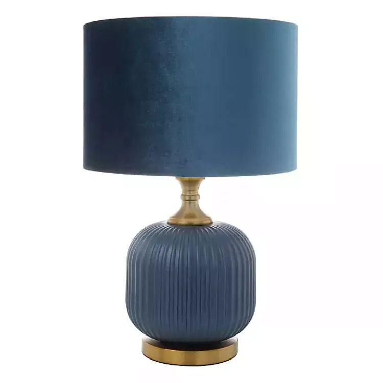 Kirklands Home Glass Base Round Velvet Shade Table Lamp Blue