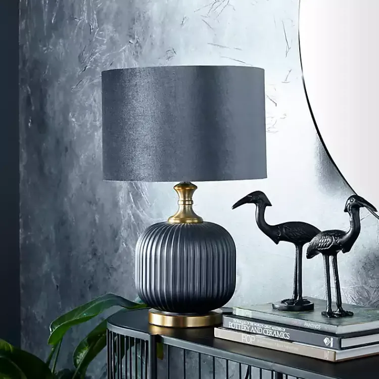 Kirklands Home Glass Base Round Velvet Shade Table Lamp Blue