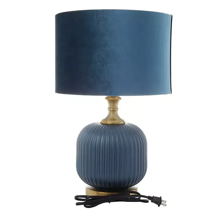 Kirklands Home Glass Base Round Velvet Shade Table Lamp Blue