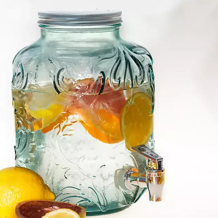 Kirklands Home Glass Embossed Mason Jar Beverage Dispenser Blue New
