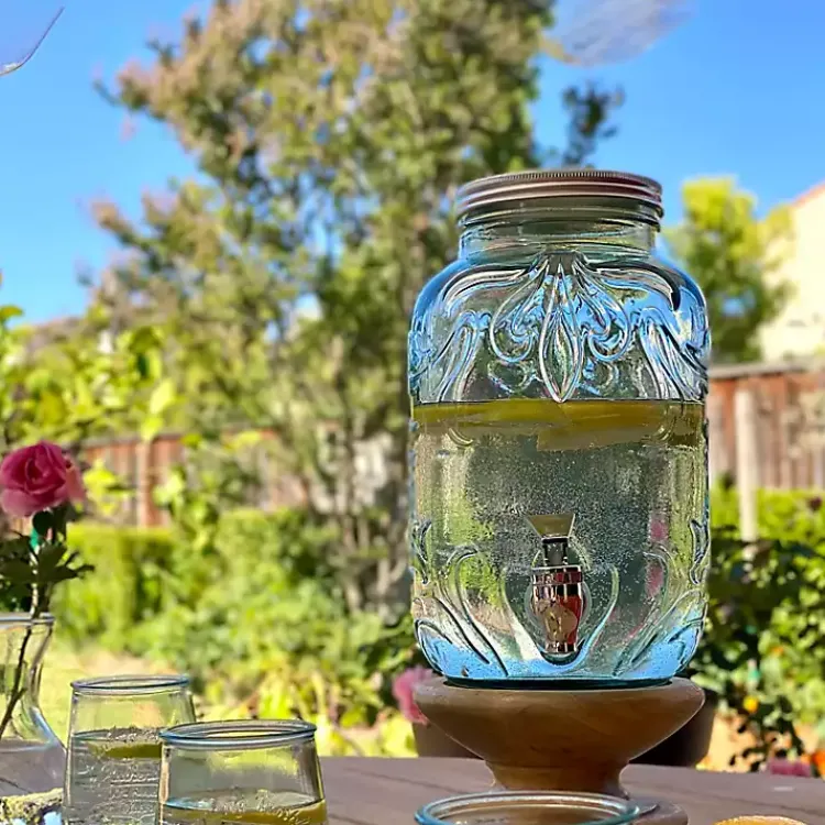 Kirklands Home Glass Embossed Mason Jar Beverage Dispenser Blue New