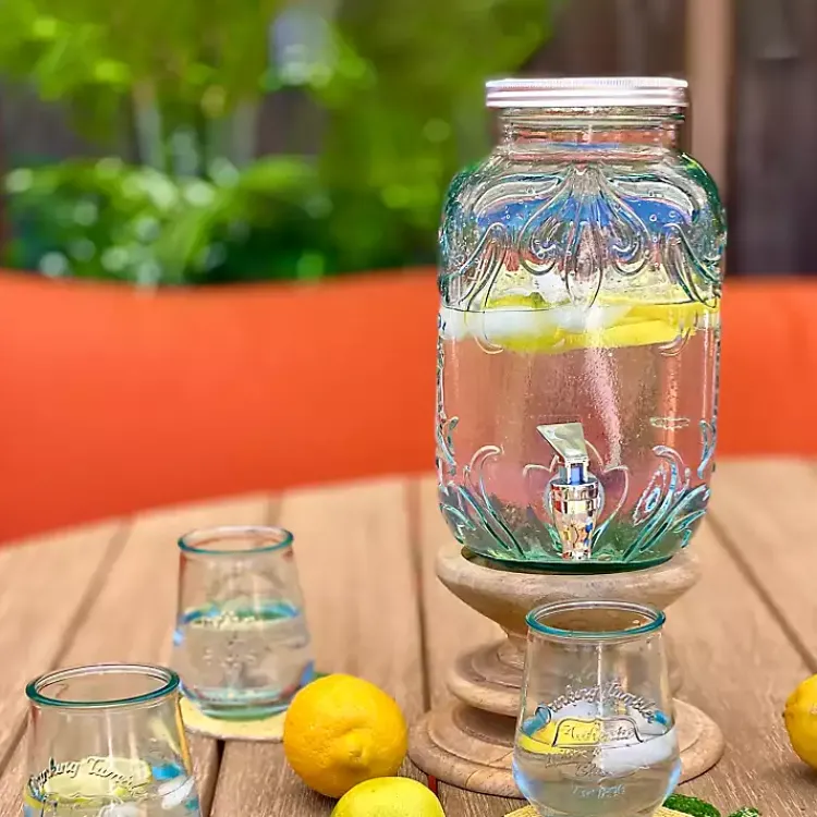 Kirklands Home Glass Embossed Mason Jar Beverage Dispenser Blue New