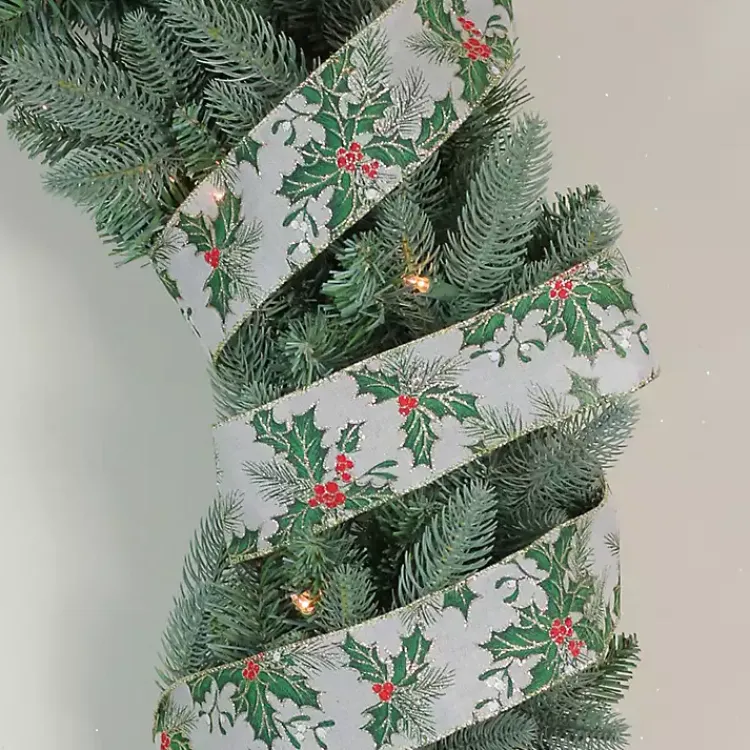 Christmas Tree Decorations>Kirklands Home Glitter Holly Leaves 16 yard Christmas Ribbon