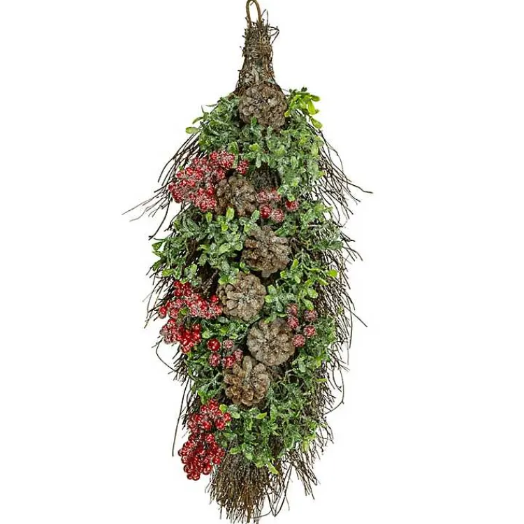 Christmas Wreaths>Kirklands Home Glitter Pinecone and Berry Teardrop Swag