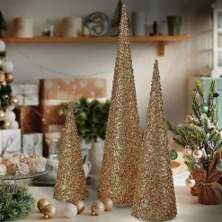 Christmas Decorations>Kirklands Home Glittered Cone Tabletop Trees, Set of 3 Gold