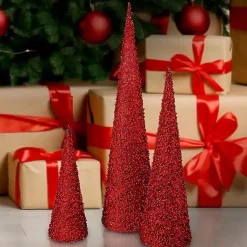 Christmas Decorations>Kirklands Home Glitte Cone Tabletop Trees, Set of 3 Red