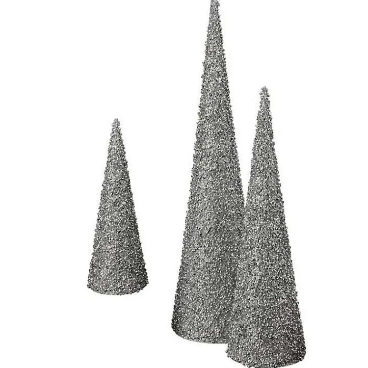 Christmas Decorations>Kirklands Home Glittered Cone Tabletop Trees, Set of 3 Silver