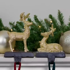 Christmas Stockings & Stocking Holders>Kirklands Home Glittery Gold Reindeer Stocking Holders, Set of 2