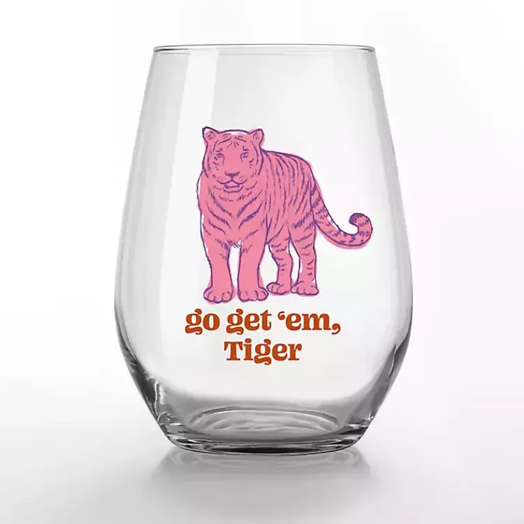 Kirklands Home Go Get 'Em, Tiger Stemless Wine Glasses, Set of 2 Pink