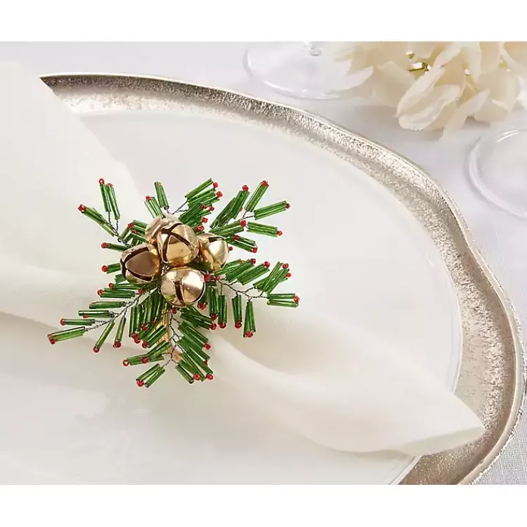 Kirklands Home Gold Bells and Holly Napkin Rings, Set of 4 Sale