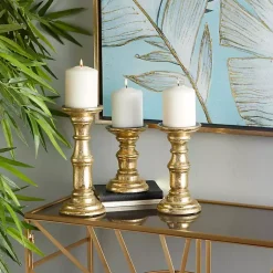 Candle Holders>Kirklands Home Carved Mango Wood Candle Holders, Set of 3 Gold