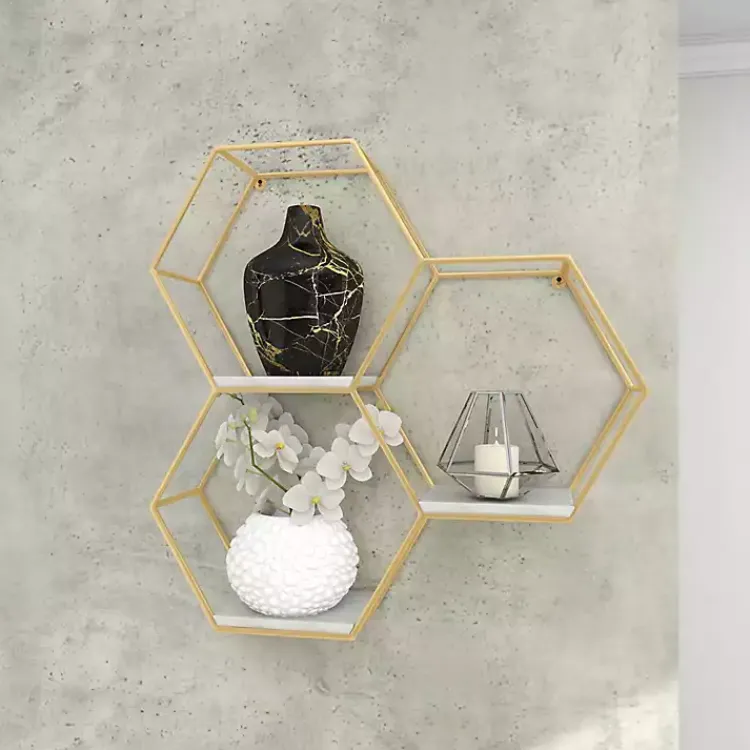 Kirklands Home Frame Marble Honeycomb Wall Shelf Gold Clearance