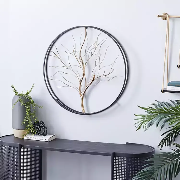 Kirklands Home Gold Iron Leaf-Less Tree Round Frame Wall Plaque Black Discount