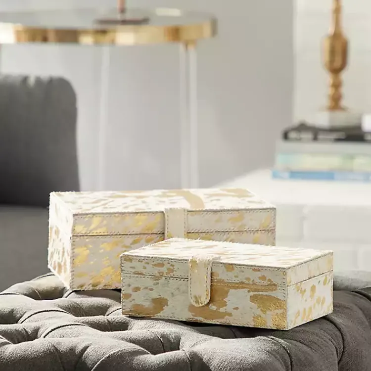 Baskets & Boxes>Kirklands Home Gold Leather Hide Rustic 2-pc. Box Set