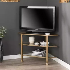 Kirklands Home Metal and Glass Corner TV Stand Gold Hot