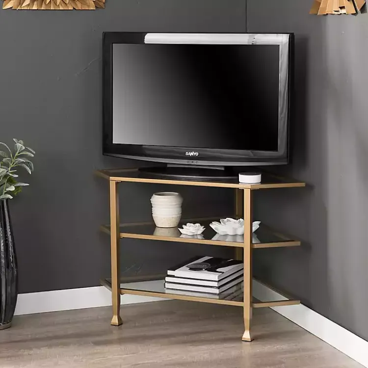 Kirklands Home Metal and Glass Corner TV Stand Gold Hot