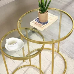 Kirklands Home Gold Metal and Glass Nesting 2-pc Accent Table Set Outlet