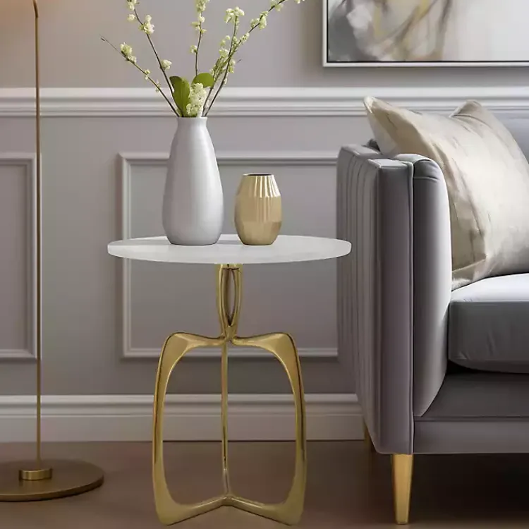 Kirklands Home Gold Metal and Marble Modern Abstract Accent Table White Online