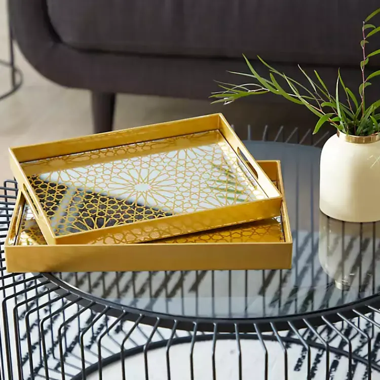 Decorative Trays>Kirklands Home Sun Star 2-pc. Mirrored Tray Set Gold