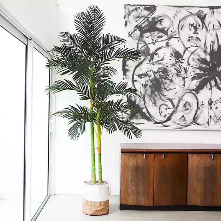 Trees & Topiaries>Kirklands Home Golden Cane Palm Tree in Woven Planter, 8 ft.