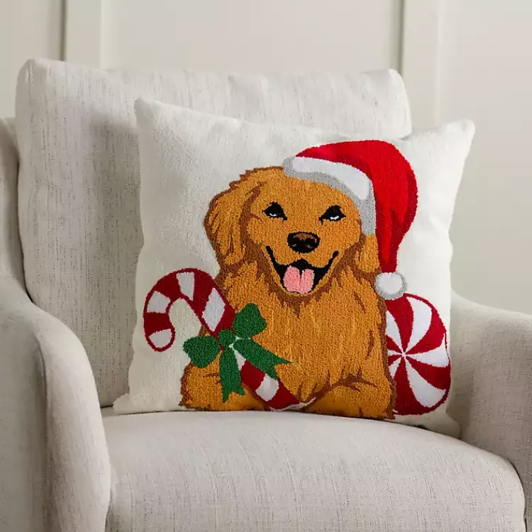 Pillows>Kirklands Home Golden Retriever with Santa Hat Christmas Pillow