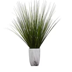 Arrangements & Greenery>Kirklands Home Grass Arrangement in White Marble Pot Green