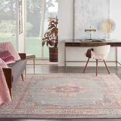 Kirklands Home Gray & Pink Central Motif Botanical Area Rug, 8x10 New