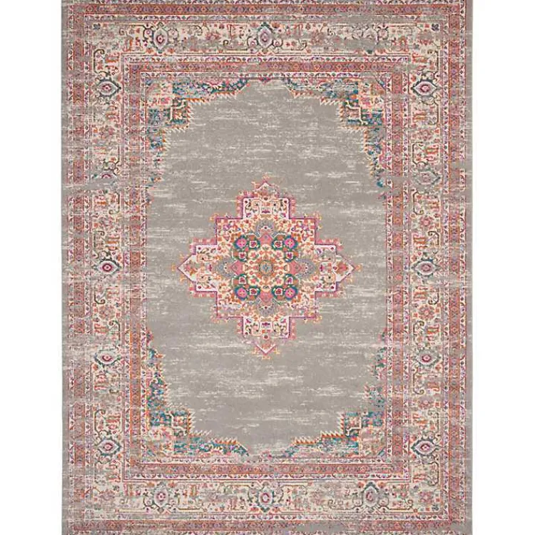 Kirklands Home Gray & Pink Central Motif Botanical Area Rug, 9x12