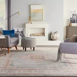 Kirklands Home Gray & Pink Central Motif Botanical Area Rug, 9x12