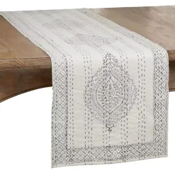 Kirklands Home Gray and White Kantha Stitch Table Runner