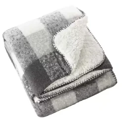 Blankets & Throws>Kirklands Home Gray and White Plaid Faux Mohair Sherpa Throw