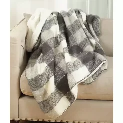 Blankets & Throws>Kirklands Home Gray and White Plaid Faux Mohair Sherpa Throw